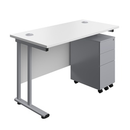 [TWU1260BUNSS3WHSV] Twin Upright Rectangular Desk + Slimline Steel Pedestal 3 Drawers (FSC) | 1200X600 | White/Silver | 
