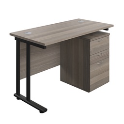 [TWU1260BUNUHGOBK] Twin Upright Rectangular Desk + High Mobile Pedestal 3 Drawer (FSC) | 1200X600 | Grey Oak/Black | 