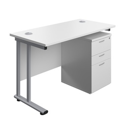 [TWU1260BUNUHWHSV] Twin Upright Rectangular Desk + High Mobile Pedestal 3 Drawer (FSC) | 1200X600 | White/Silver | 