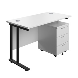 [TWU1260BUNWHBK3] Twin Upright Rectangular Desk + Mobile 3 Drawer Pedestal (FSC) | 1200X600 | White/Black | 