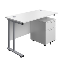 [TWU1260BUNWHSV2] Twin Upright Rectangular Desk + Mobile 2 Drawer Pedestal (FSC) | 1200X600 | White/Silver | 