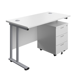 [TWU1260BUNWHSV3] Twin Upright Rectangular Desk + Mobile 3 Drawer Pedestal (FSC) | 1200X600 | White/Silver | 