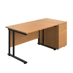 [TWU1280BUNDHNOBK] Twin Upright Rectangular Desk + Desk High 3 Drawer Pedestal (FSC) | 1200X800 | Nova Oak/Black | 