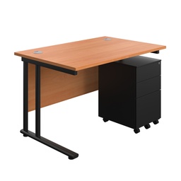 [TWU1280BUNS3BEBK] Twin Upright Rectangular Desk + Under Desk Steel Pedestal 3 Drawers (FSC) | 1200X800 | Beech/Black | 