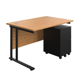 [TWU1280BUNS3NOBK] Twin Upright Rectangular Desk + Under Desk Steel Pedestal 3 Drawers (FSC) | 1200X800 | Nova Oak/Black | 