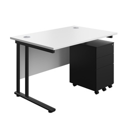[TWU1280BUNS3WHBK] Twin Upright Rectangular Desk + Under Desk Steel Pedestal 3 Drawers (FSC) | 1200X800 | White/Black | 