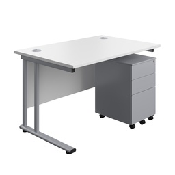 [TWU1280BUNS3WHSV] Twin Upright Rectangular Desk + Under Desk Steel Pedestal 3 Drawers (FSC) | 1200X800 | White/Silver | 