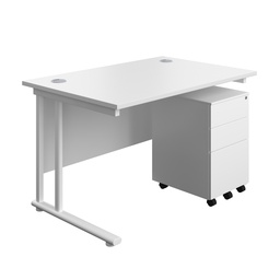 [TWU1280BUNS3WHWH] Twin Upright Rectangular Desk + Under Desk Steel Pedestal 3 Drawers (FSC) | 1200X800 | White/White | 