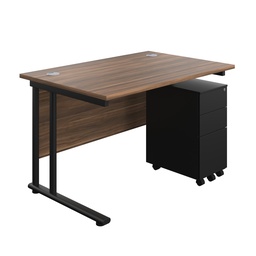 [TWU1280BUNSS3DWBK] Twin Upright Rectangular Desk + Slimline Steel Pedestal 3 Drawers (FSC) | 1200X800 | Dark Walnut/Black | 