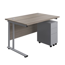 [TWU1280BUNSS3GOSV] Twin Upright Rectangular Desk + Slimline Steel Pedestal 3 Drawers (FSC) | 1200X800 | Grey Oak/Silver | 