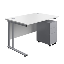 [TWU1280BUNSS3WHSV] Twin Upright Rectangular Desk + Slimline Steel Pedestal 3 Drawers (FSC) | 1200X800 | White/Silver | 