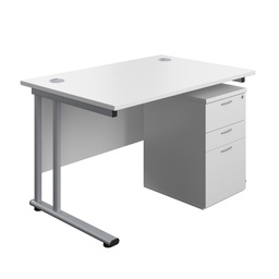 [TWU1280BUNUHWHSV] Twin Upright Rectangular Desk + High Mobile Pedestal 3 Drawer (FSC) | 1200X800 | White/Silver | 