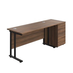 [TWU1460BUNDHDWBK] Twin Upright Rectangular Desk + Desk High 3 Drawer Pedestal (FSC) | 1400X600 | Dark Walnut/Black | 