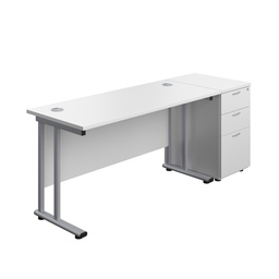 [TWU1460BUNDHWHSV] Twin Upright Rectangular Desk + Desk High 3 Drawer Pedestal (FSC) | 1400X600 | White/Silver | 