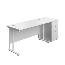 [TWU1460BUNDHWHWH] Twin Upright Rectangular Desk + Desk High 3 Drawer Pedestal (FSC) | 1400X600 | White/White | 