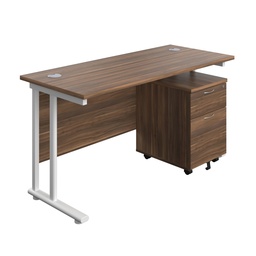 [TWU1460BUNDWWH2] Twin Upright Rectangular Desk + Mobile 2 Drawer Pedestal (FSC) | 1400X600 | Dark Walnut/White | 