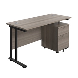 [TWU1460BUNGOBK2] Twin Upright Rectangular Desk + Mobile 2 Drawer Pedestal (FSC) | 1400X600 | Grey Oak/Black | 
