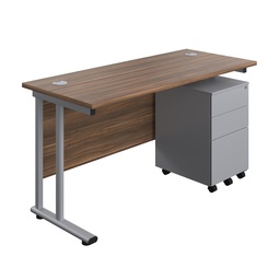 [TWU1460BUNS3DWSV] Twin Upright Rectangular Desk + Under Desk Steel Pedestal 3 Drawers (FSC) | 1400X600 | Dark Walnut/Silver | 