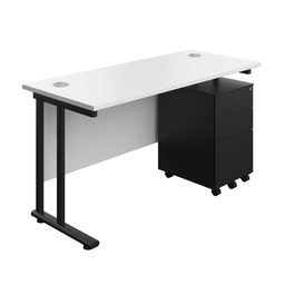 [TWU1460BUNS3WHBK] Twin Upright Rectangular Desk + Under Desk Steel Pedestal 3 Drawers (FSC) | 1400X600 | White/Black | 