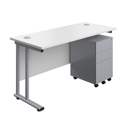 [TWU1460BUNS3WHSV] Twin Upright Rectangular Desk + Under Desk Steel Pedestal 3 Drawers (FSC) | 1400X600 | White/Silver | 