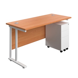 [TWU1460BUNSS3BEWH] Twin Upright Rectangular Desk + Slimline Steel Pedestal 3 Drawers (FSC) | 1400X600 | Beech/White | 