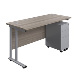[TWU1460BUNSS3GOSV] Twin Upright Rectangular Desk + Slimline Steel Pedestal 3 Drawers (FSC) | 1400X600 | Grey Oak/Silver | 