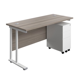 [TWU1460BUNSS3GOWH] Twin Upright Rectangular Desk + Slimline Steel Pedestal 3 Drawers (FSC) | 1400X600 | Grey Oak/White | 