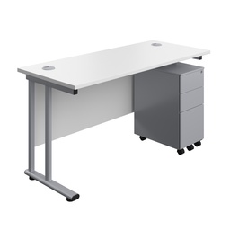 [TWU1460BUNSS3WHSV] Twin Upright Rectangular Desk + Slimline Steel Pedestal 3 Drawers (FSC) | 1400X600 | White/Silver | 