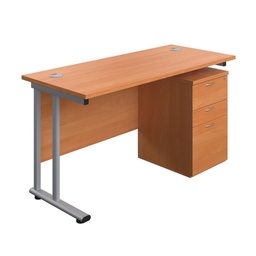 [TWU1460BUNUHBESV] Twin Upright Rectangular Desk + High Mobile Pedestal 3 Drawer (FSC) | 1400X600 | Beech/Silver | 