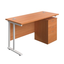 [TWU1460BUNUHBEWH] Twin Upright Rectangular Desk + High Mobile Pedestal 3 Drawer (FSC) | 1400X600 | Beech/White | 