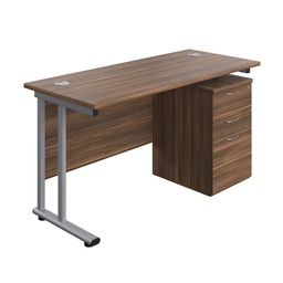 [TWU1460BUNUHDWSV] Twin Upright Rectangular Desk + High Mobile Pedestal 3 Drawer (FSC) | 1400X600 | Dark Walnut/Silver | 