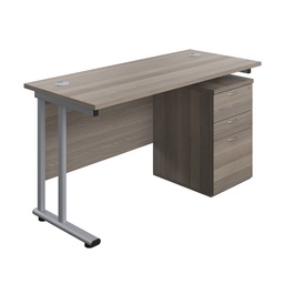 [TWU1460BUNUHGOSV] Twin Upright Rectangular Desk + High Mobile Pedestal 3 Drawer (FSC) | 1400X600 | Grey Oak/Silver | 