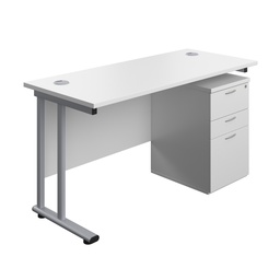 [TWU1460BUNUHWHSV] Twin Upright Rectangular Desk + High Mobile Pedestal 3 Drawer (FSC) | 1400X600 | White/Silver | 