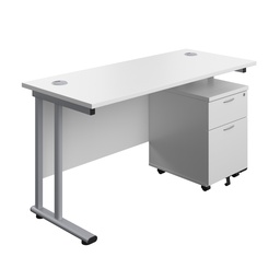 [TWU1460BUNWHSV2] Twin Upright Rectangular Desk + Mobile 2 Drawer Pedestal (FSC) | 1400X600 | White/Silver | 
