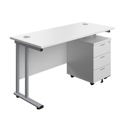 [TWU1460BUNWHSV3] Twin Upright Rectangular Desk + Mobile 3 Drawer Pedestal (FSC) | 1400X600 | White/Silver | 