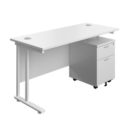 [TWU1460BUNWHWH2] Twin Upright Rectangular Desk + Mobile 2 Drawer Pedestal (FSC) | 1400X600 | White/White | 