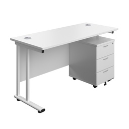 [TWU1460BUNWHWH3] Twin Upright Rectangular Desk + Mobile 3 Drawer Pedestal (FSC) | 1400X600 | White/White | 