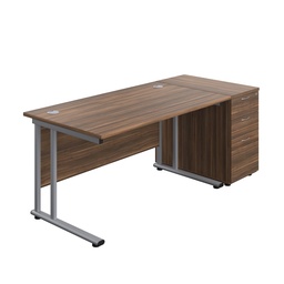 [TWU1480BUNDHDWSV] Twin Upright Rectangular Desk + Desk High 3 Drawer Pedestal (FSC) | 1400X800 | Dark Walnut/Silver | 