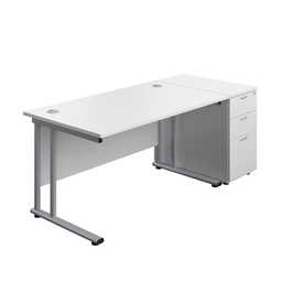 [TWU1480BUNDHWHSV] Twin Upright Rectangular Desk + Desk High 3 Drawer Pedestal (FSC) | 1400X800 | White/Silver | 
