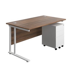 [TWU1480BUNS3DWWH] Twin Upright Rectangular Desk + Under Desk Steel Pedestal 3 Drawers (FSC) | 1400X800 | Dark Walnut/White | 