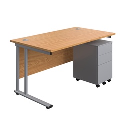 [TWU1480BUNS3NOSV] Twin Upright Rectangular Desk + Under Desk Steel Pedestal 3 Drawers (FSC) | 1400X800 | Nova Oak/Silver | 