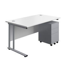 [TWU1480BUNS3WHSV] Twin Upright Rectangular Desk + Under Desk Steel Pedestal 3 Drawers (FSC) | 1400X800 | White/Silver | 