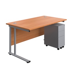 [TWU1480BUNSS3BESV] Twin Upright Rectangular Desk + Slimline Steel Pedestal 3 Drawers (FSC) | 1400X800 | Beech/Silver | 