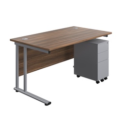 [TWU1480BUNSS3DWSV] Twin Upright Rectangular Desk + Slimline Steel Pedestal 3 Drawers (FSC) | 1400X800 | Dark Walnut/Silver | 
