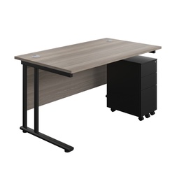 [TWU1480BUNSS3GOBK] Twin Upright Rectangular Desk + Slimline Steel Pedestal 3 Drawers (FSC) | 1400X800 | Grey Oak/Black | 