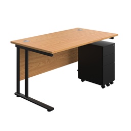 [TWU1480BUNSS3NOBK] Twin Upright Rectangular Desk + Slimline Steel Pedestal 3 Drawers (FSC) | 1400X800 | Nova Oak/Black | 