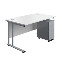 [TWU1480BUNSS3WHSV] Twin Upright Rectangular Desk + Slimline Steel Pedestal 3 Drawers (FSC) | 1400X800 | White/Silver | 