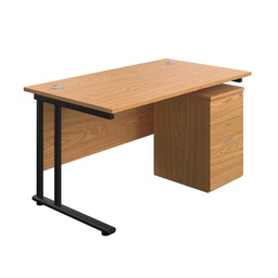[TWU1480BUNUHNOBK] Twin Upright Rectangular Desk + High Mobile Pedestal 3 Drawer (FSC) | 1400X800 | Nova Oak/Black | 