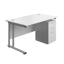 [TWU1480BUNUHWHSV] Twin Upright Rectangular Desk + High Mobile Pedestal 3 Drawer (FSC) | 1400X800 | White/Silver | 