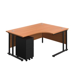 [TWU1612BUNLS3BEBK] Twin Upright Left Hand Radial Desk + Under Desk Steel Pedestal 3 Drawers (FSC) | 1600X1200 | Beech/Black | 